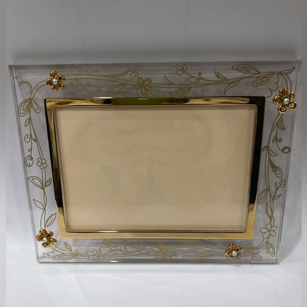 MIKIMOTO Photo Picture Frame Clear Lucite Gold Decor Genuine Akoya Real Pearls